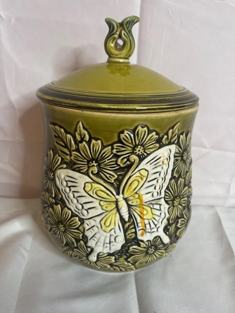 Vintage Mid-Century Olive Green Ceramic Butterfly Cookie Jar - Retro 1970s